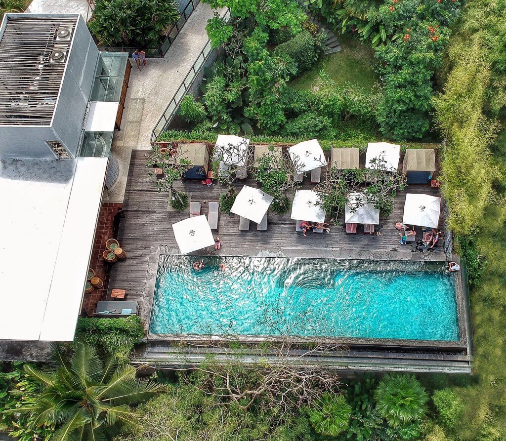 Infinity pool from the air at Bisma Eight, Ubud, Bali, Indonesia
