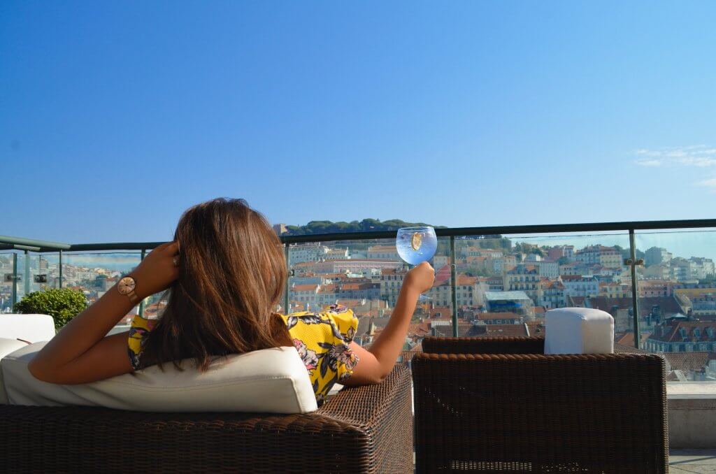 Gin and tonic at Hotel Chiado rooftop bar in Lisbon, Portugal