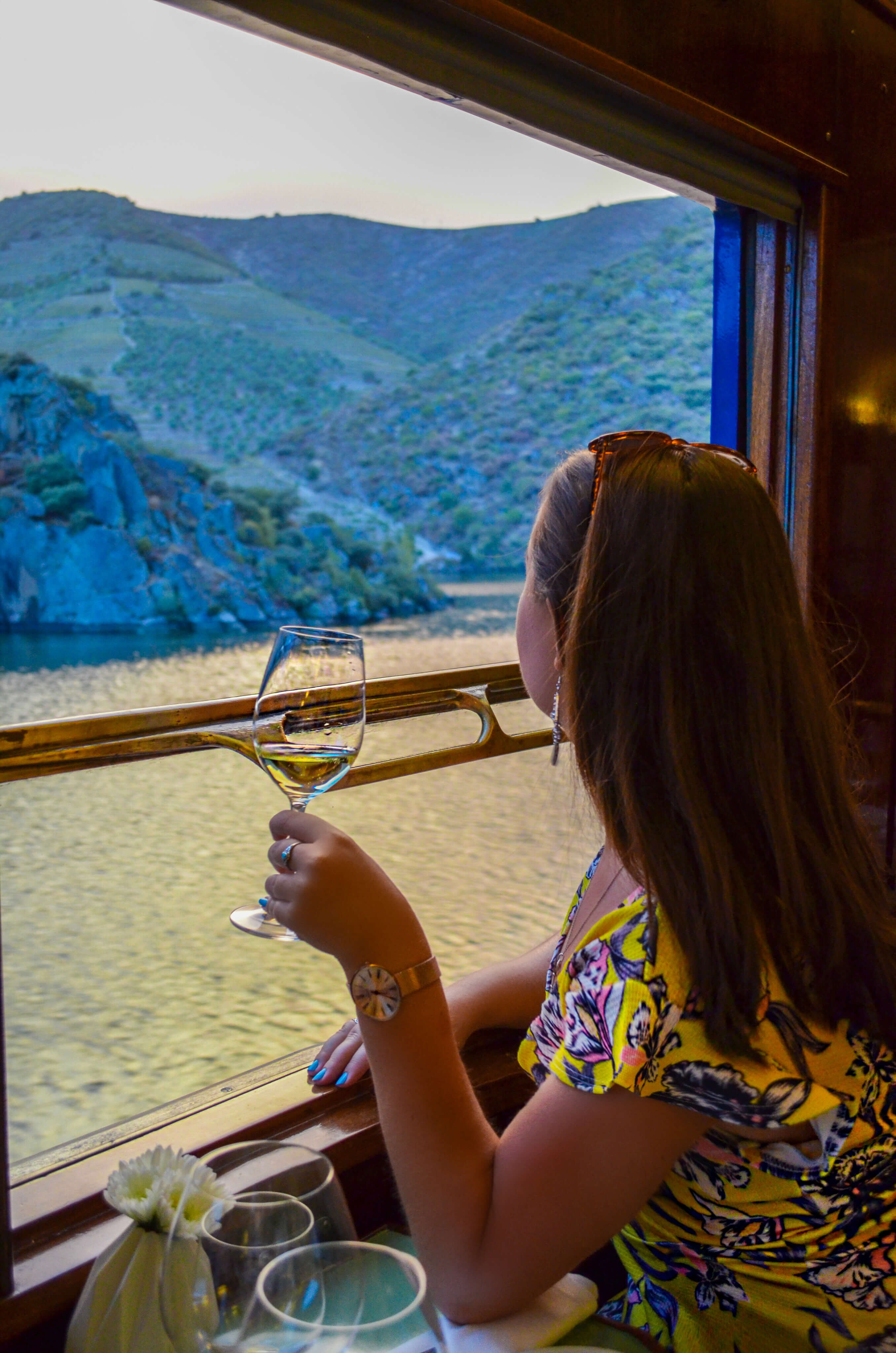 Wine and views of the Douro valley onboard The Presidential gourmet food train, Porto, Portugal