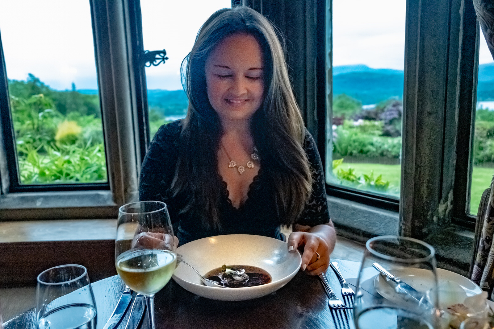 Holbeck Ghyll - Restaurant with views of Lake Windermere, Onion broth starter, Lake District