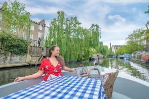 Sailing along the canals in Camden, London in a Go Boat