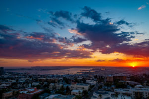 Sunset views across the city skyline from Mister A's, San Diego, California