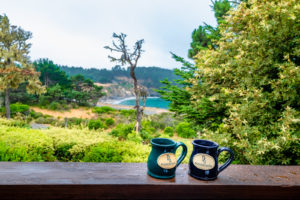 Coffee on the balcony at Brewery Gulch Inn, Mendocino, California