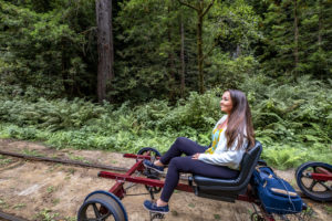 Riding a rail bike with the Skunk Train, Mendocino, California