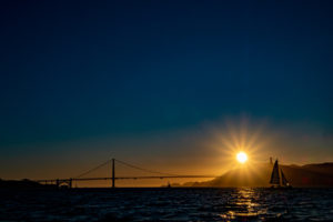 Sunset over the Golden Gate Bridge from San Francisco Bay, California