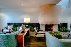Lounge and fireplace at Acqua Hotel, Marin, California