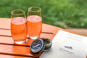 Sparking rose wine with Tsar Nicoulai caviar at Goldeneye Winery, Anderson Valley, Mendocino, California