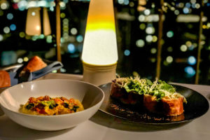 Corn ravioli and lobster strudel starters from Mister A's, San Diego, California