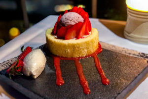 Strawberry shortcake chiffon cake for dessert at Mister A's, San Diego, California