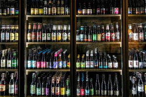 Fridges full of beer in Bambalyne bar in Vilnius, Lithuania